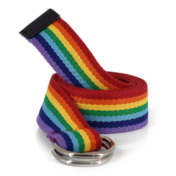 130cm Dual Ring Canvas Waist Belt Rainbow Color Striped Strap - Biwav