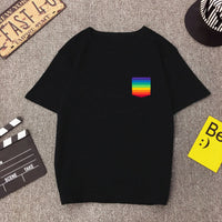 Women Black Short Sleeve Tees Girl Colorful Pocket Rainbow T Shit Vintage - Biwav