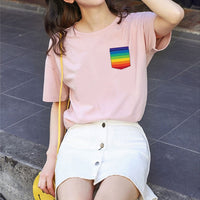 Women Black Short Sleeve Tees Girl Colorful Pocket Rainbow T Shit Vintage - Biwav