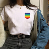 Women Black Short Sleeve Tees Girl Colorful Pocket Rainbow T Shit Vintage - Biwav