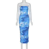 Summer Blue Ruched Tie Dye Long Women Dress 2020 Sexy Off Shoulder Strapless Bodycon Stacked Lounge wear Tube Party Dress Robe - Biwav