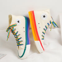 Rainbow Bottom Casual Shoes Woman High Top Sneakers White Canvas - Biwav