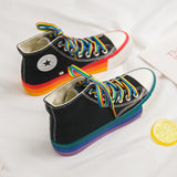 Rainbow Bottom Casual Shoes Woman High Top Sneakers White Canvas - Biwav