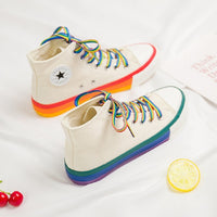 Rainbow Bottom Casual Shoes Woman High Top Sneakers White Canvas - Biwav