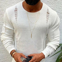 Men Ripped Sweater Cotton Soft Warm Knit Casual  Pullover O-Neck Long Sleeve Men Ripped Sweater - Biwav