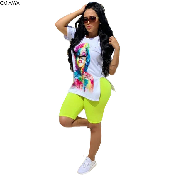 Women's set character print side slit t-shirt pencil knee length pants suit - Biwav