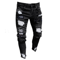 Men Stretchy Ripped Biker Embroidery Print Jeans Destroyed Hole Taped Slim Fit - Biwav