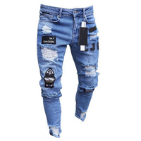 Men Stretchy Ripped Biker Embroidery Print Jeans Destroyed Hole Taped Slim Fit - Biwav