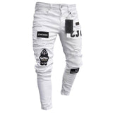 Men Stretchy Ripped Biker Embroidery Print Jeans Destroyed Hole Taped Slim Fit - Biwav