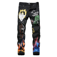 Men's fashion letters flame black jeans Slim straight colored painted stretch - Biwav