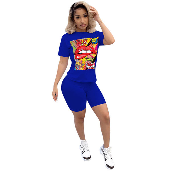 Women Sport Tracksuit Two Piece Set Letter Print Short Sleeve Crop Top - Biwav