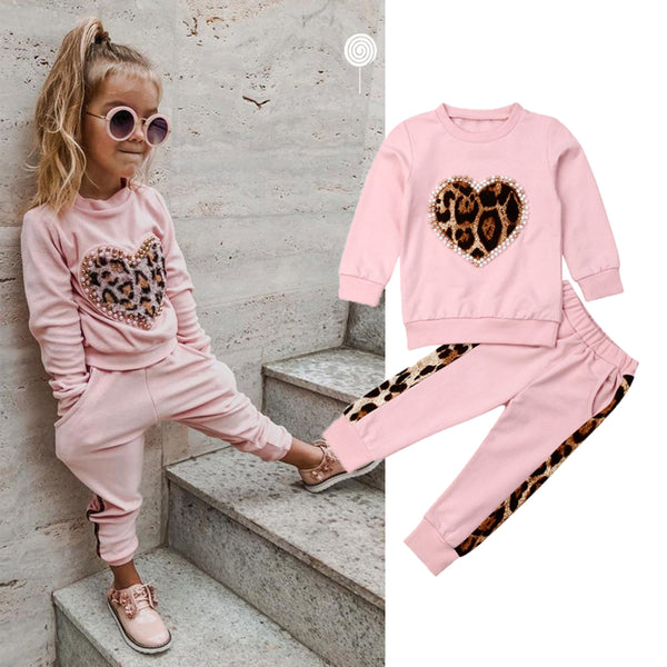 6M-6Y Toddler Sets Pink Long Sleeve Leopard Tops Long Pants Tracksuit - Biwav