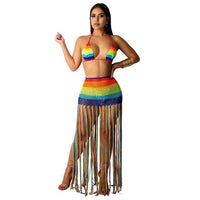 Knitted Set Spaghetti Strap Bra Tassels Crochet Skirt Suit Beach Wear 2 Pieces - Biwav