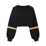 Black Rainbow Striped Patchwork Hoodie O-Neck Long Sleeve - Biwav