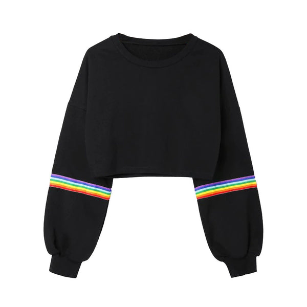 Black Rainbow Striped Patchwork Hoodie O-Neck Long Sleeve - Biwav