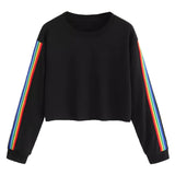 Black Rainbow Striped Patchwork Hoodie O-Neck Long Sleeve - Biwav