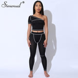 Simenual Sporty Fashion Active Wear Black Fitness Tracksuits One Shoulder 2 Piece Set Women Workout Crop Top And Leggings Sets - Biwav