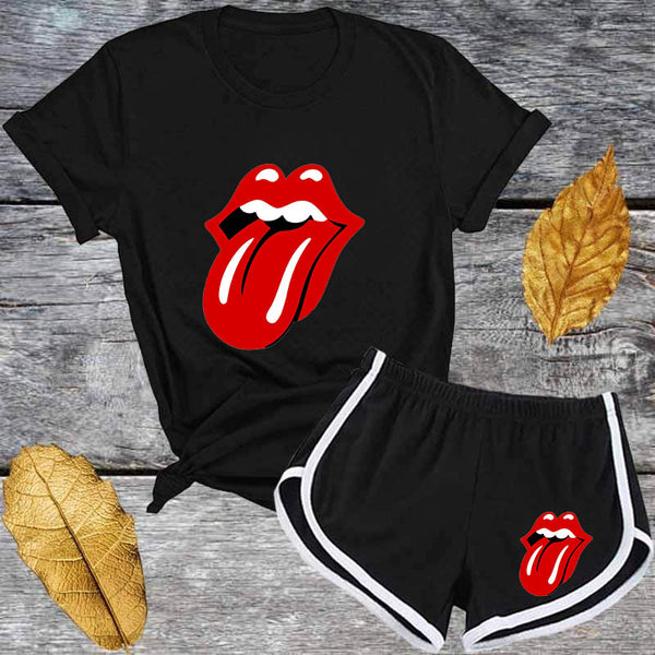 Red Lips Tracksuit Set Short Sleeve T Shirt And Shorts - Biwav