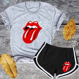 Red Lips Tracksuit Set Short Sleeve T Shirt And Shorts - Biwav