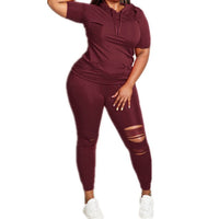 Plus Size 2 Piece Short Sleeve Hooded Shirt and Hole Pant Sets