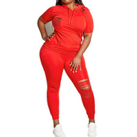 Plus Size 2 Piece Short Sleeve Hooded Shirt and Hole Pant Sets