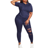 Plus Size 2 Piece Short Sleeve Hooded Shirt and Hole Pant Sets