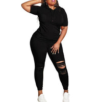 Plus Size 2 Piece Short Sleeve Hooded Shirt and Hole Pant Sets