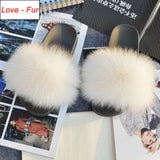 2020 Women Real Genuine Fox Fur Slippers Summer Girls Lovely Fluffy Fox Fur - Biwav