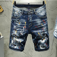 New Men Summer Motorcycle Pants Ripped Jeans Middle Waist Straight Splash-Ink - Biwav