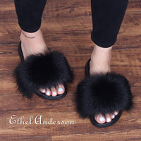 Faux Fox Fur Slippers Lady Indoor Outdoor Sandals - Biwav