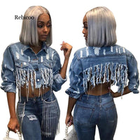 Tassel Ripped Cropped Jean Jacket Women Autumn Chain Long Sleeve Denim Jacket - Biwav