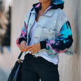 Women Hoodies Tie Dye Sleeve Patchwork Denim Coats