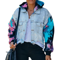 Women Hoodies Tie Dye Sleeve Patchwork Denim Coats