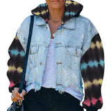 Women Hoodies Tie Dye Sleeve Patchwork Denim Coats