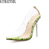 Women PVC Clear Transparent Pumps Stiletto Neon Green High Heels Snake Skin Print - Biwav